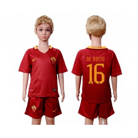 Roma #16 De Rossi Home Kid Soccer Club Jersey